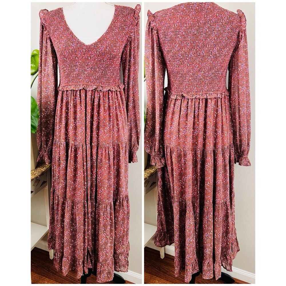 &merci Ditsy Burgundy Red Floral Smocked Earthy Maxi Dress Cottagecore Boho Med